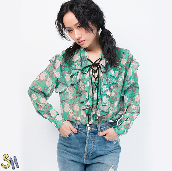 【SH】古典對稱花卉胸前綁帶襯衫