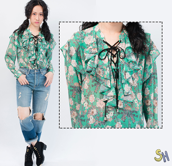 【SH】古典對稱花卉胸前綁帶襯衫