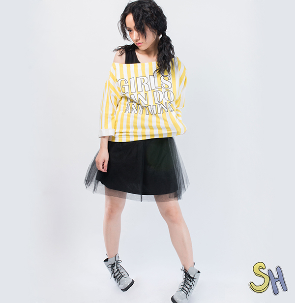 【SH】女孩萬能斜肩五分袖上衣