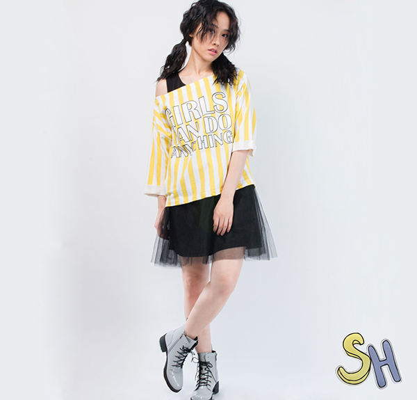 【SH】女孩萬能斜肩五分袖上衣