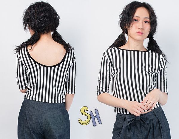 【SH】條紋合身五分袖短版T恤