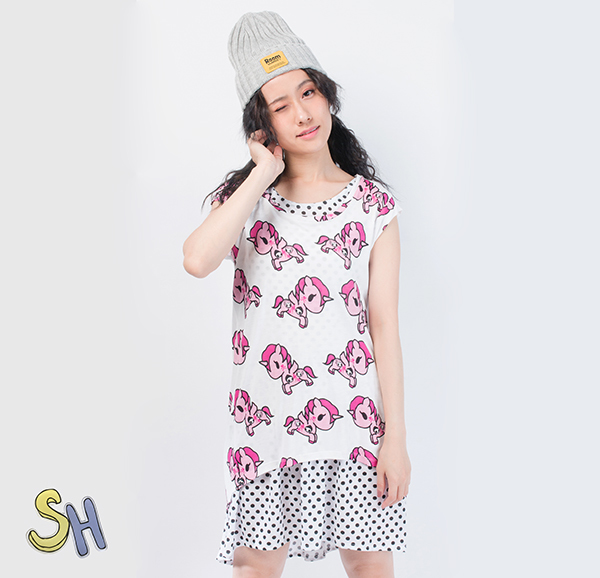 【SH】圓領落肩袖印花T恤