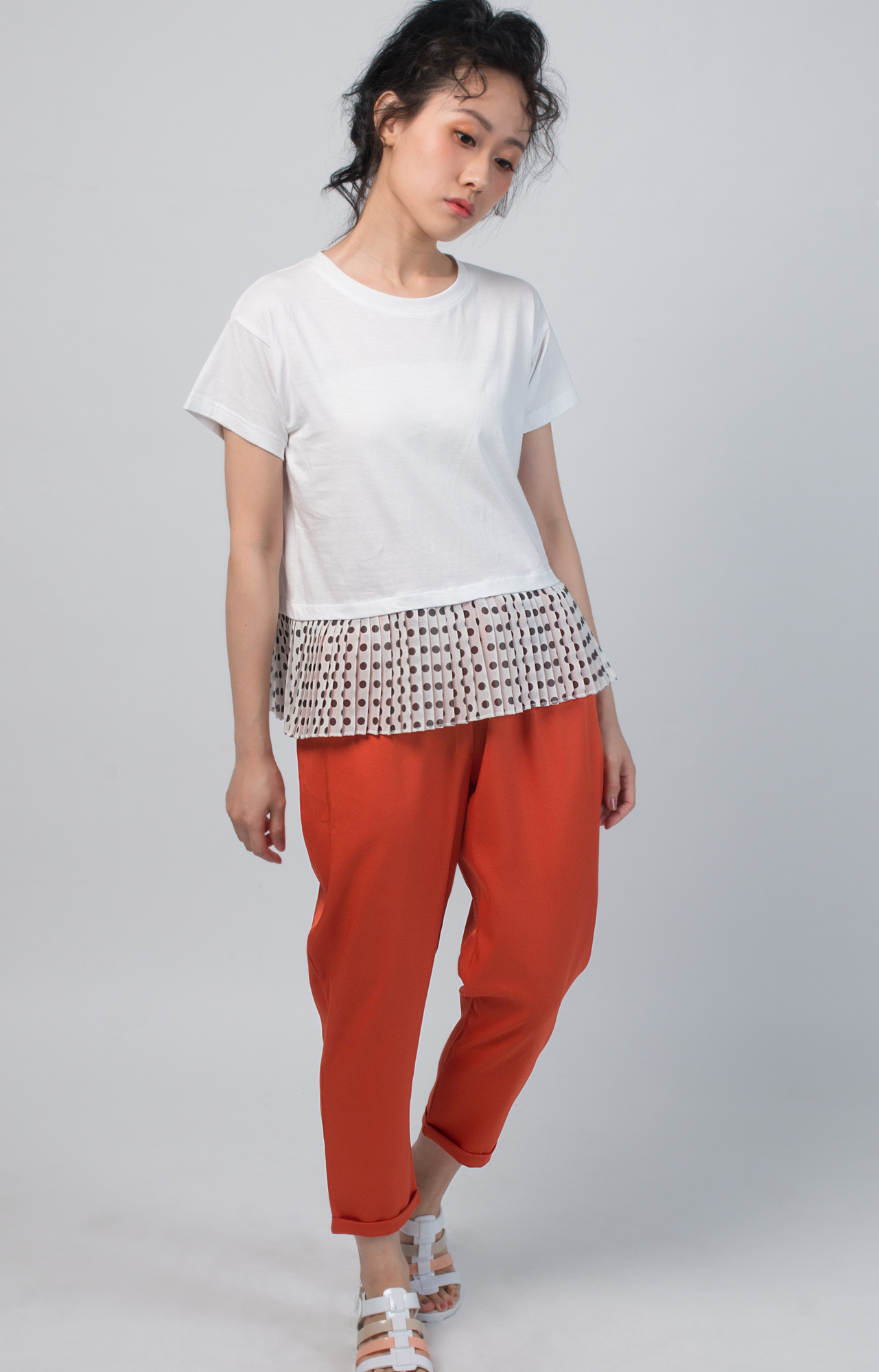 【SH】圓點細摺拼接短袖T恤