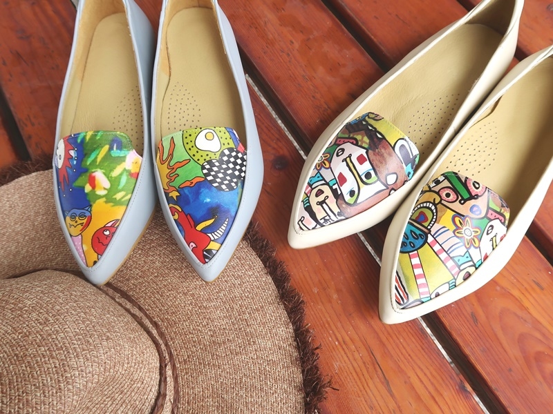 【女伶手繪系列】手繪風格牛皮尖頭平底鞋（手繪臉譜Mix米白、手繪星際迷航Mix水藍)