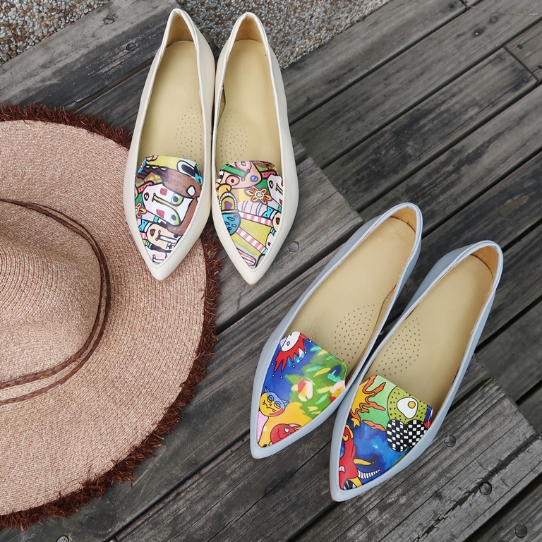 【女伶手繪系列】手繪風格牛皮尖頭平底鞋（手繪臉譜Mix米白、手繪星際迷航Mix水藍)