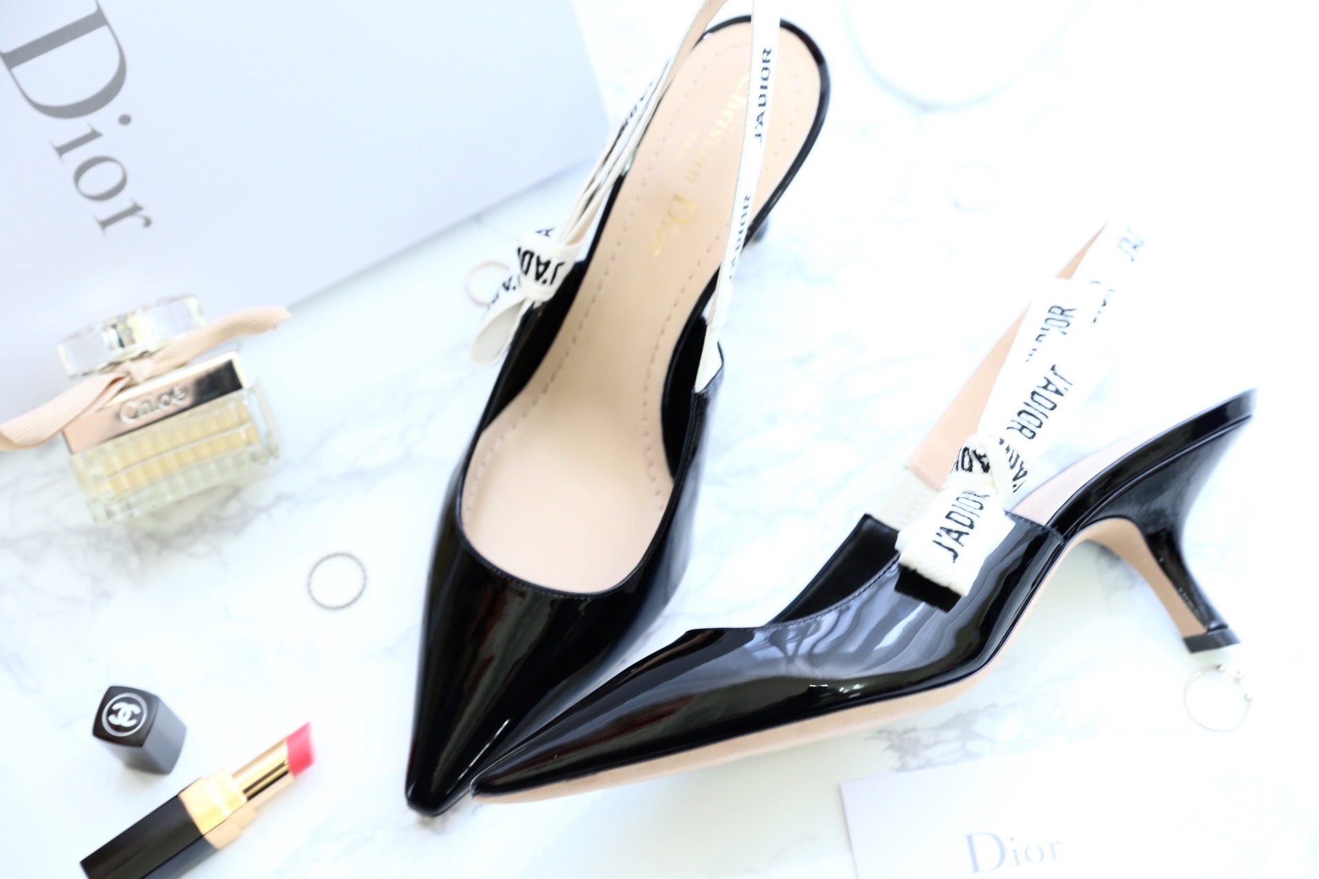 Dior Sling-Back In Black Patent Leather With J'adior Ribbon 6.5cm 黑色漆皮蝴蝶結飾帶露跟高跟鞋