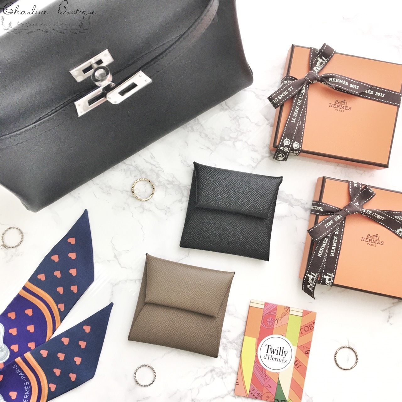 Hermès Bastia Change Purse 黑色信封釦式零錢包-Charline Boutique 精品代購