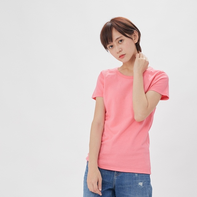 簡單 圓領 素面 蜜桃棉  女T 玫粉色
