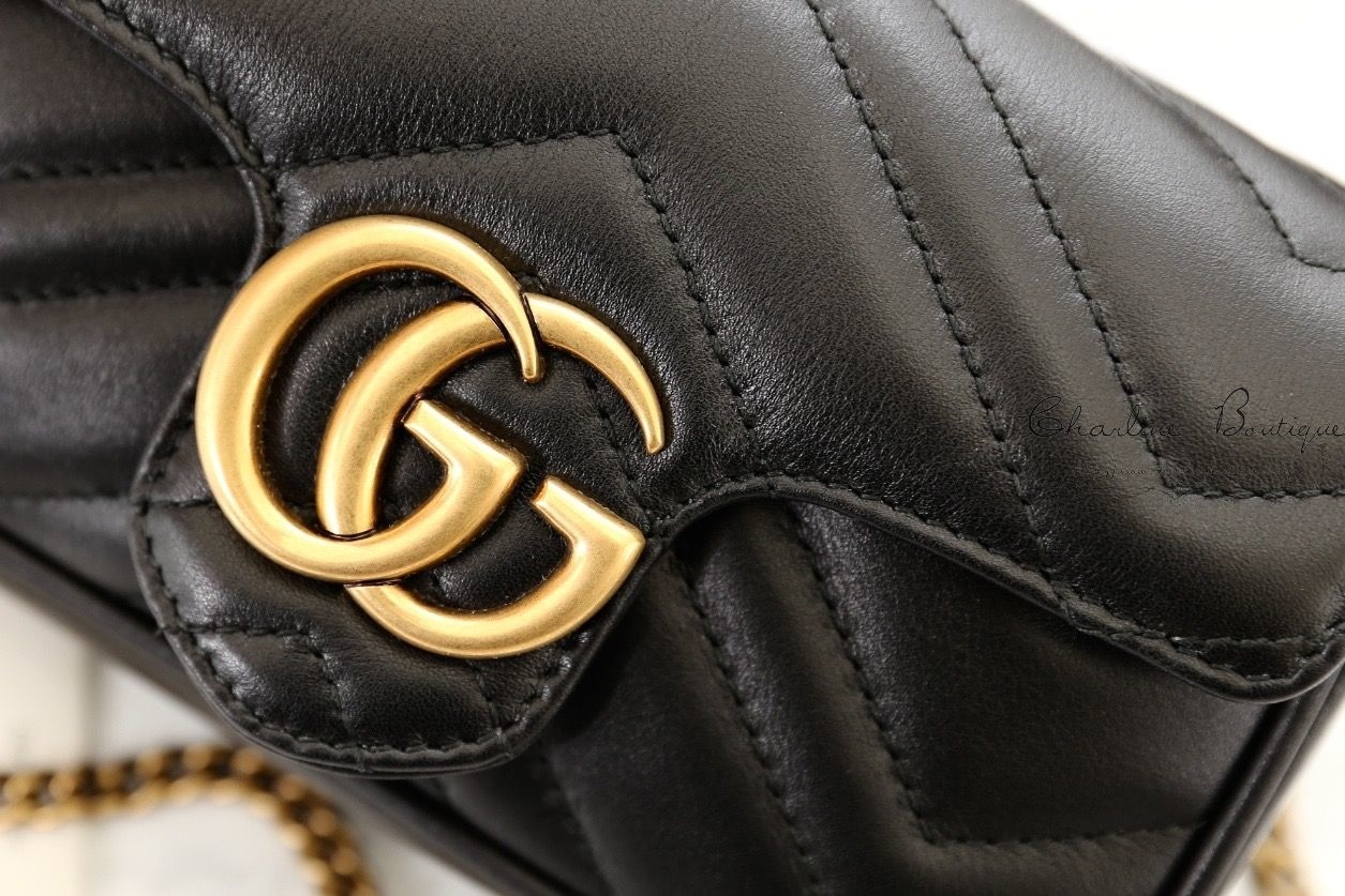 Gucci GG Marmont Matelassé Leather Super Mini Bag 黑色古銅金GG超迷你鍊帶肩背包