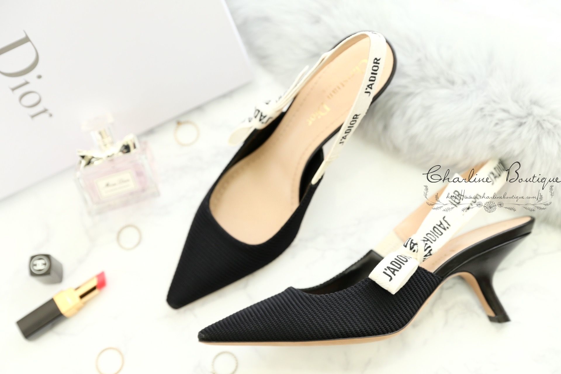 Dior Sling-Back In Technical Canvas With J'adior Ribbon 6.5cm 黑色布紋蝴蝶結飾帶露跟高跟鞋