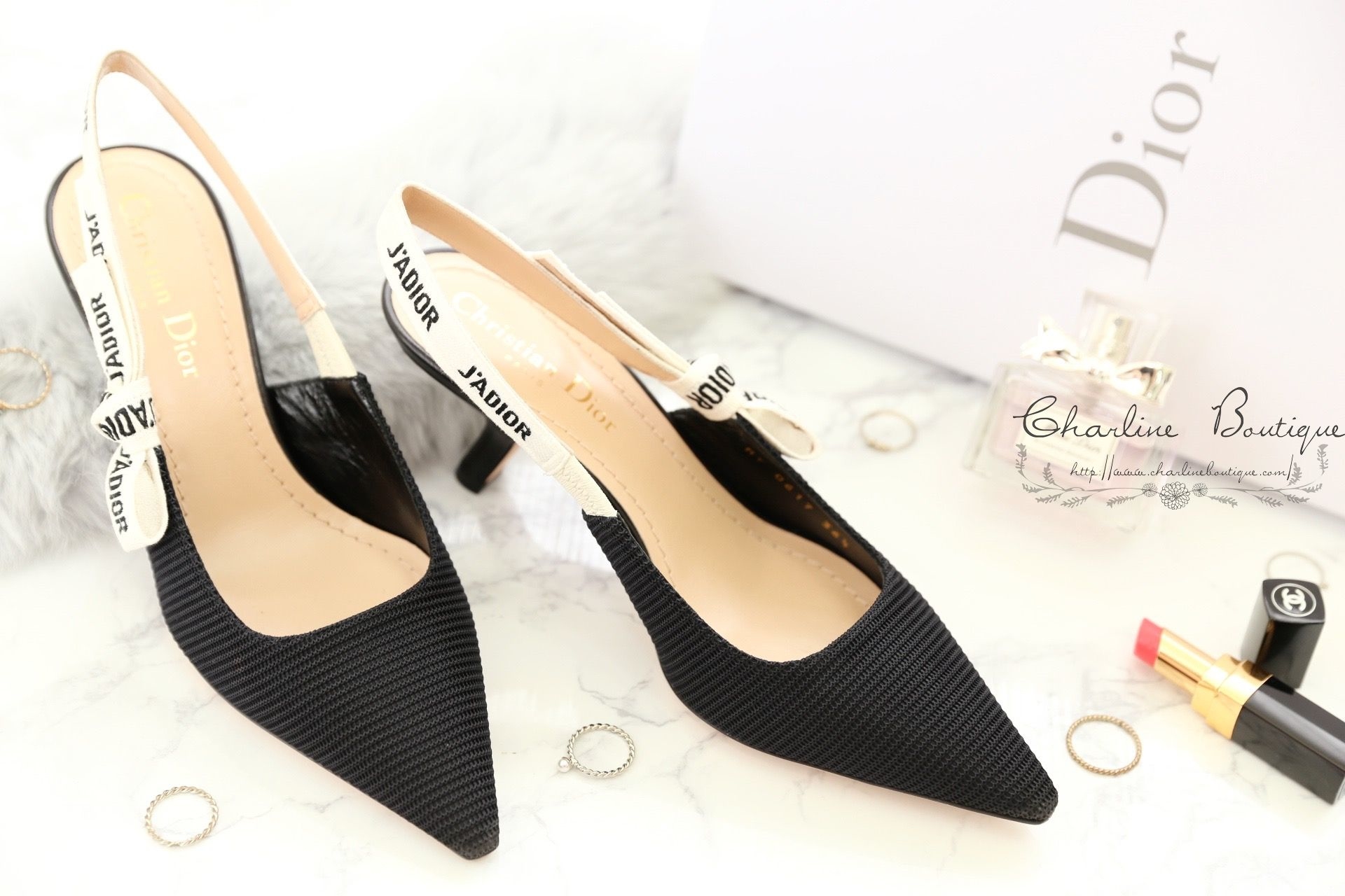 Dior Sling-Back In Technical Canvas With J'adior Ribbon 6.5cm 黑色布紋蝴蝶結飾帶露跟高跟鞋