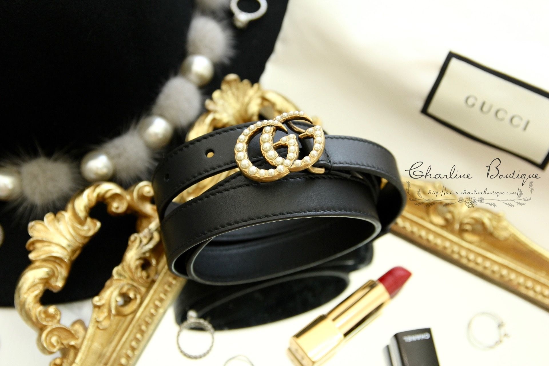 Gucci Leather Belt With Pearl Double G Buckle 黑色金色珍珠GG Logo細版2cm小牛皮皮帶