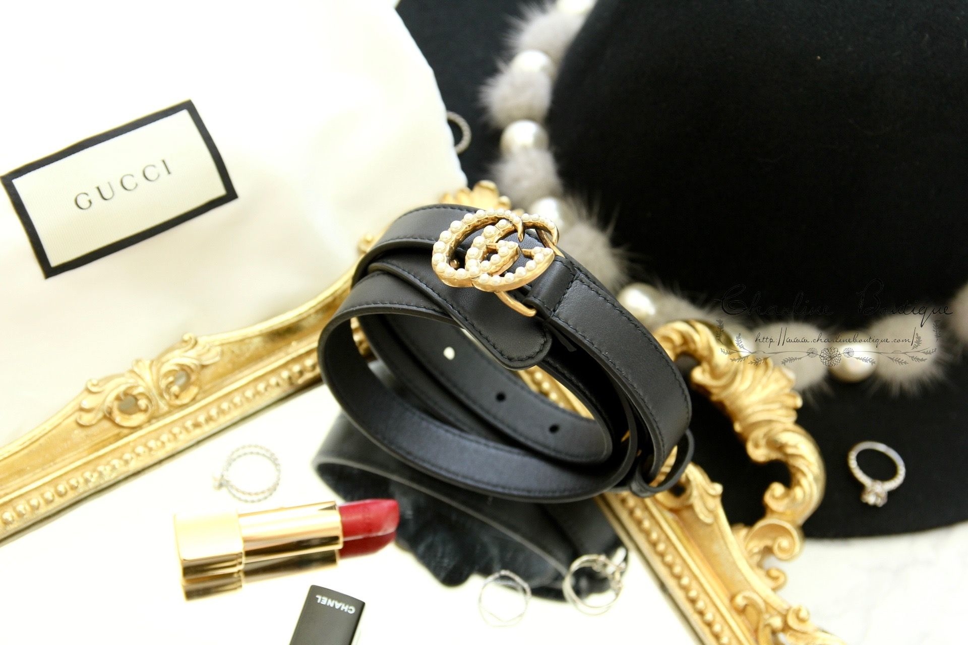 Gucci Leather Belt With Pearl Double G Buckle 黑色金色珍珠GG Logo細版2cm小牛皮皮帶