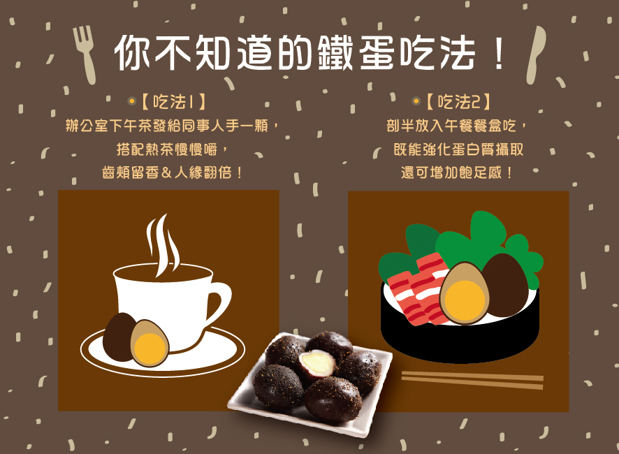 所長茶葉蛋-你不知道的鐵蛋吃法：1. 辦公室下午茶發給同事人手一顆，齒頰留香、人緣翻倍！ 2. 剖半放入午餐便當中，強化蛋白質攝取並增加飽足感
