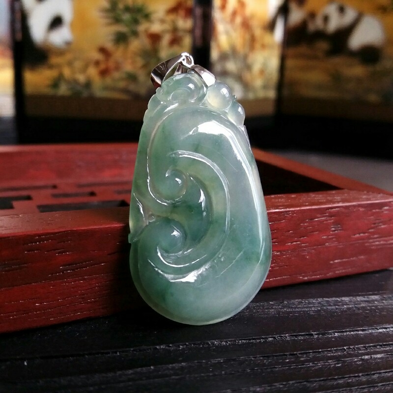 冰糯飄綠花如意吊墜, 天然翡翠A玉, 緬甸玉, Jade, Jadeite