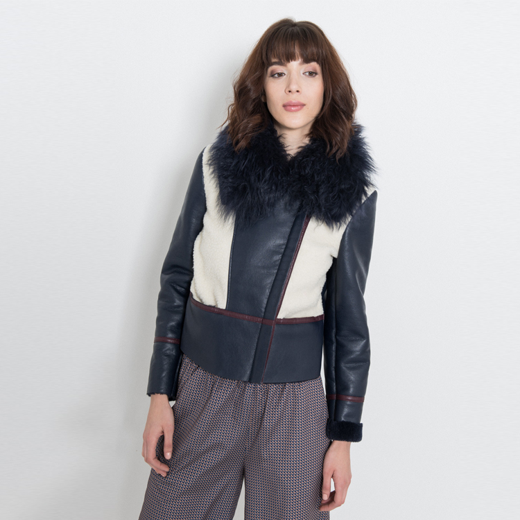 【Silvian Heach】拼接毛領皮外套