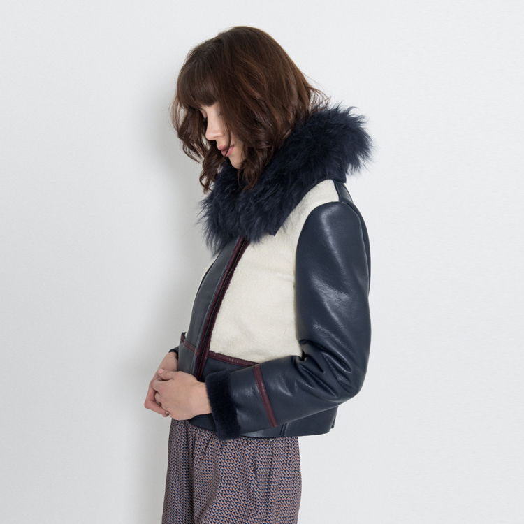 【Silvian Heach】拼接毛領皮外套