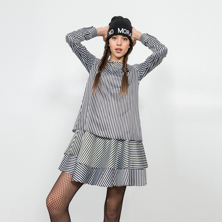 【SH】條紋緞面雙層小魚尾洋裝