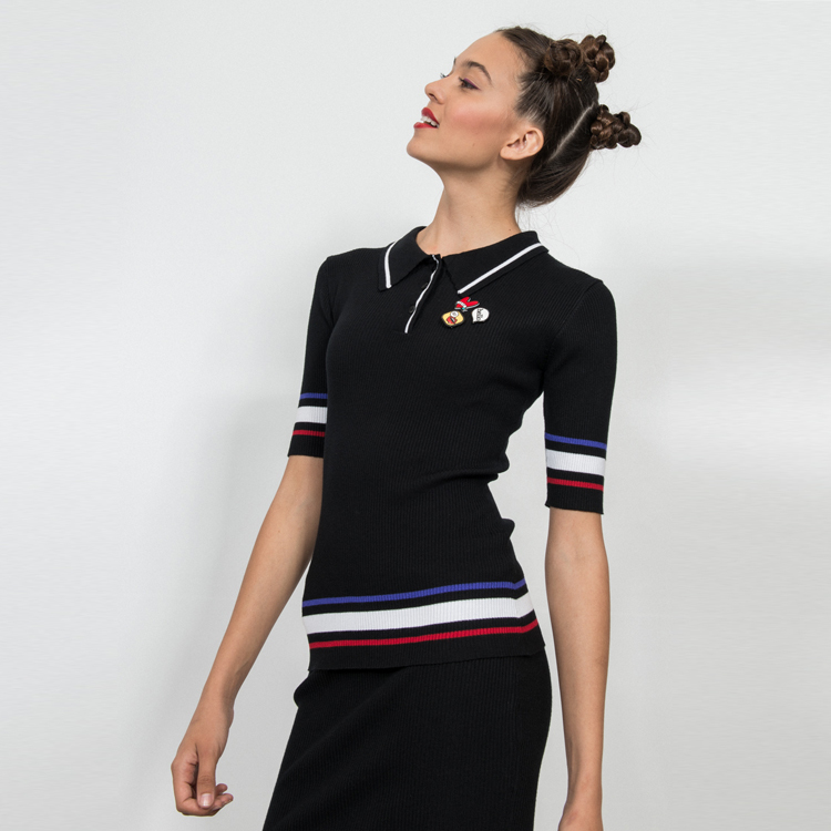 【SH】學院風螺紋針織POLO長袖上衣