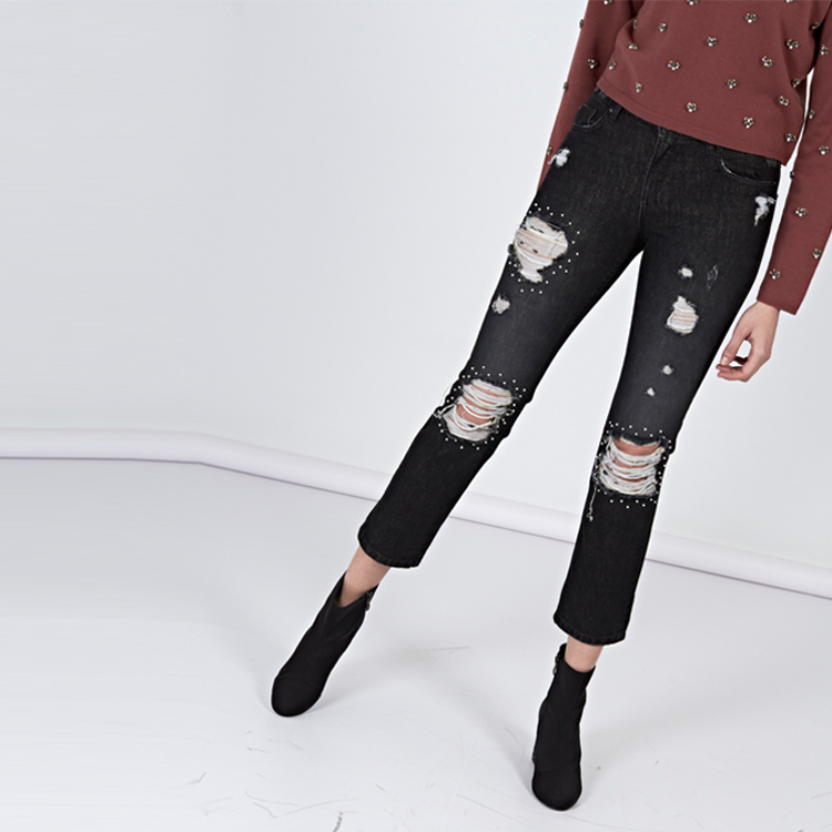 【Silvian Heach】珠珠刷破寬版牛仔褲