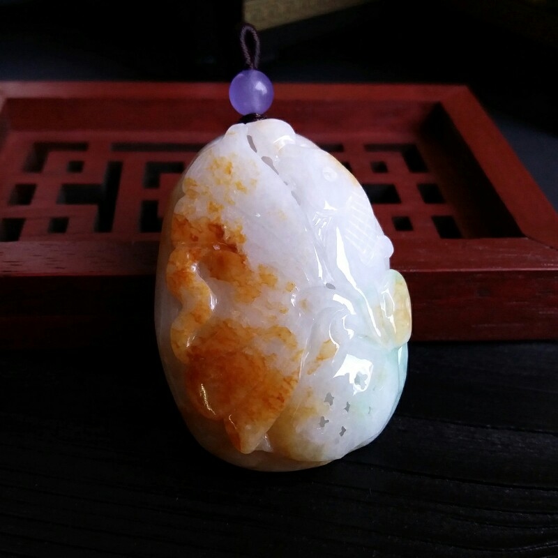 冰糯三彩縷空雕年年有魚吊墜, 天然翡翠A玉, 緬甸玉, Jade, Jadeite