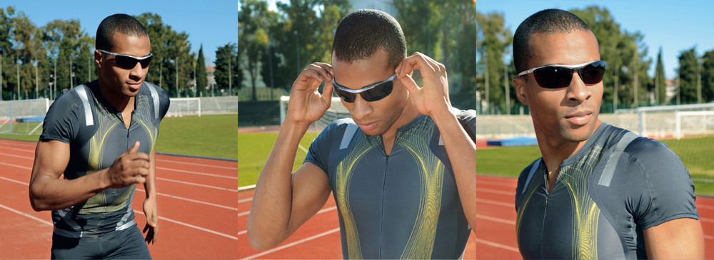 專業田徑運動員配戴偏光運動太陽眼鏡在操場上奔跑測試