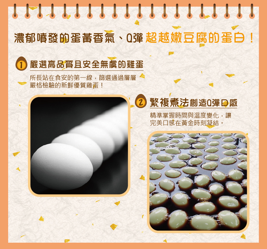 所長茶葉蛋-半熟溏心蛋-濃郁噴發的蛋黃香氣、Q彈超越嫩豆腐的蛋白！嚴選高品質且安全無虞的新鮮優質雞蛋；繁複煮法、精準掌握時間與溫度變化，創造黃金Q彈口感