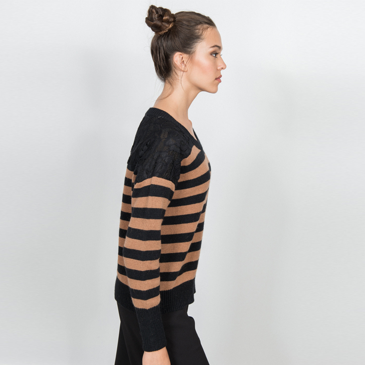 【SH】肩拼蕾絲橫條針織長袖上衣