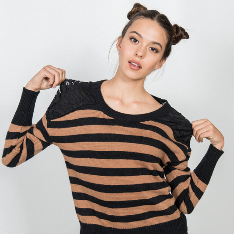 【SH】肩拼蕾絲橫條針織長袖上衣