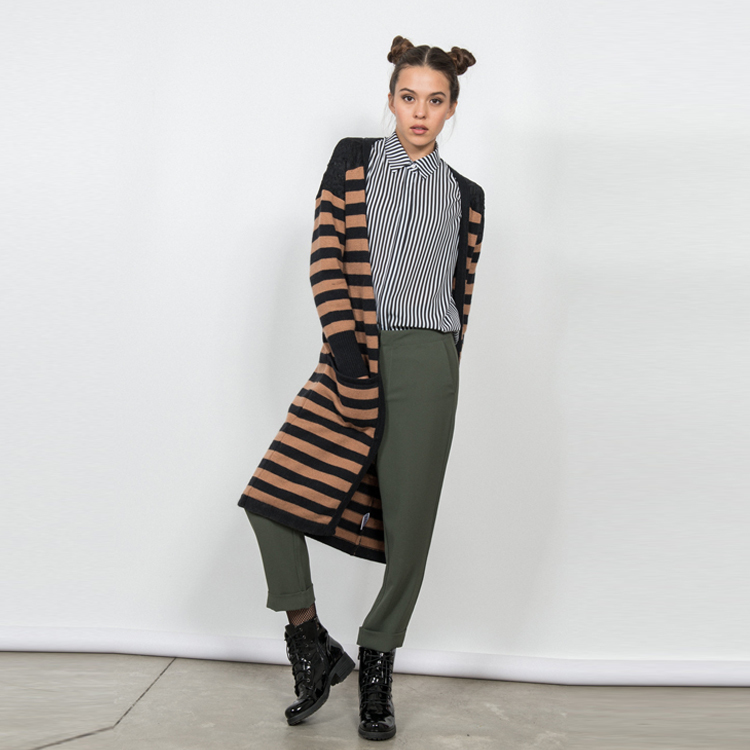 【SH】肩拼蕾絲橫條針織長版開襟衫