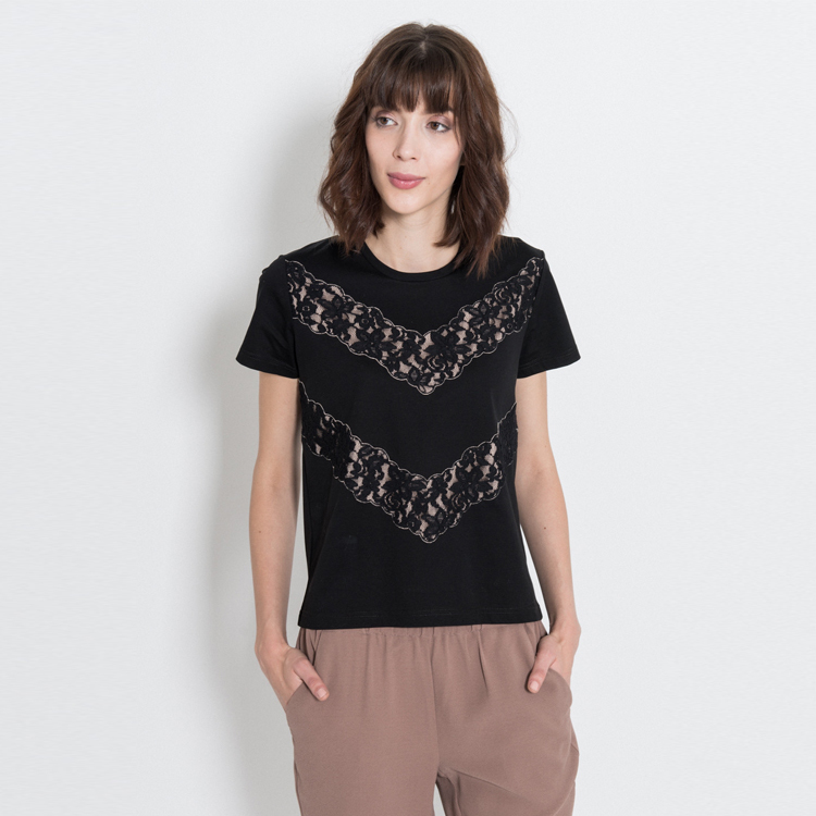 【Silvian Heach】V字蕾絲拼接短袖T恤