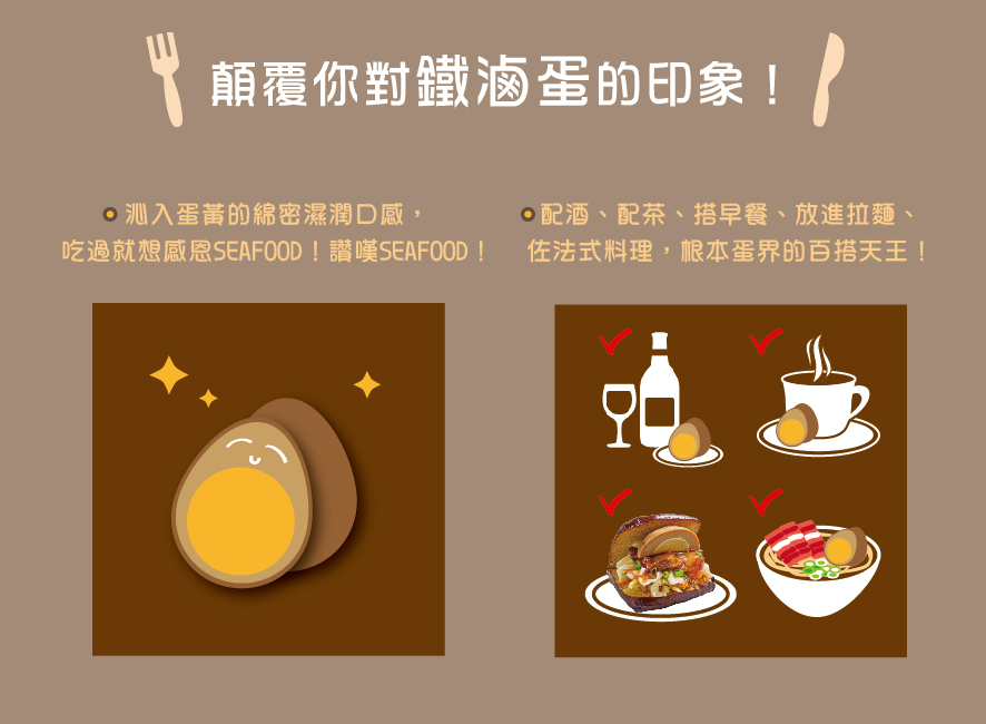 所長茶葉蛋-鐵滷蛋的印象：1. 沁入蛋黃的綿密濕潤口感 2. 配酒、配茶，搭早餐、放進拉麵，多種搭配