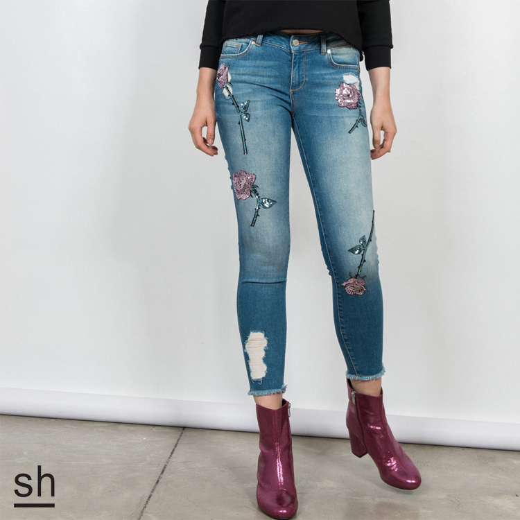 【SH】中低腰花形亮片拼貼水洗牛仔褲