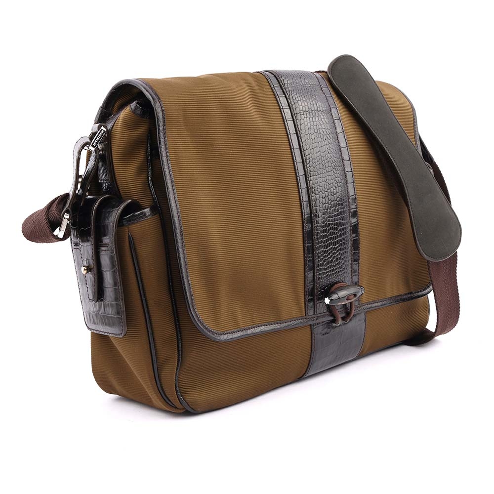 【Montblanc】 限量款帆布拼鱷魚皮壓紋翻蓋側背/斜背包(軍綠色) MB11000002