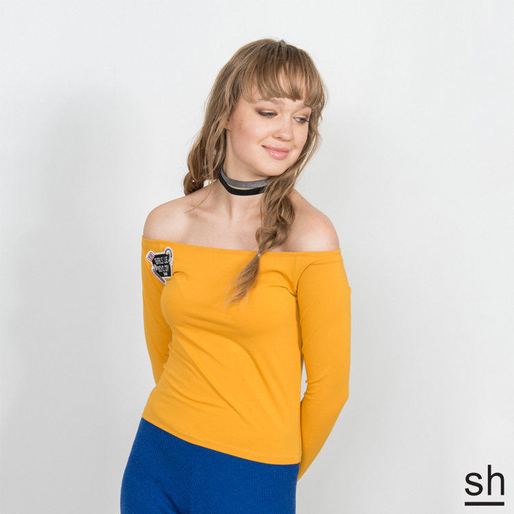 【SH】露肩大船領短版長袖上衣