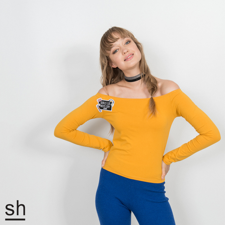 【SH】露肩大船領短版長袖上衣