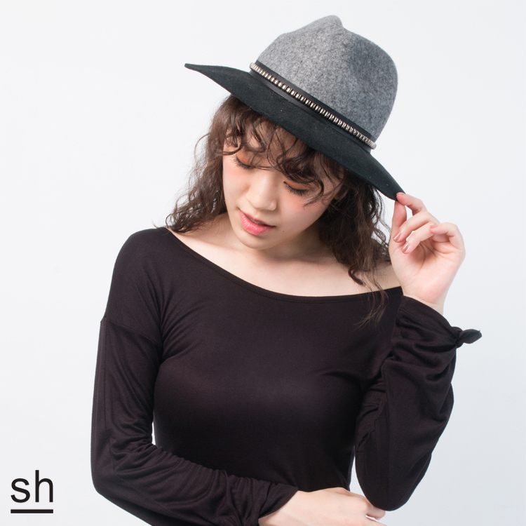 【SH】鉚釘裝飾毛料雙色紳士帽