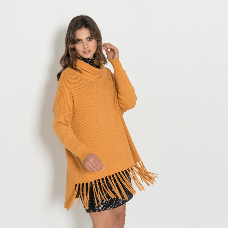 【Silvian Heach】艷彩流蘇寬高領長袖針織衫