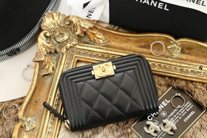Chanel Boy Coin Card Zip CC Purse 黑色金CC小羊皮卡片拉鍊零錢夾
