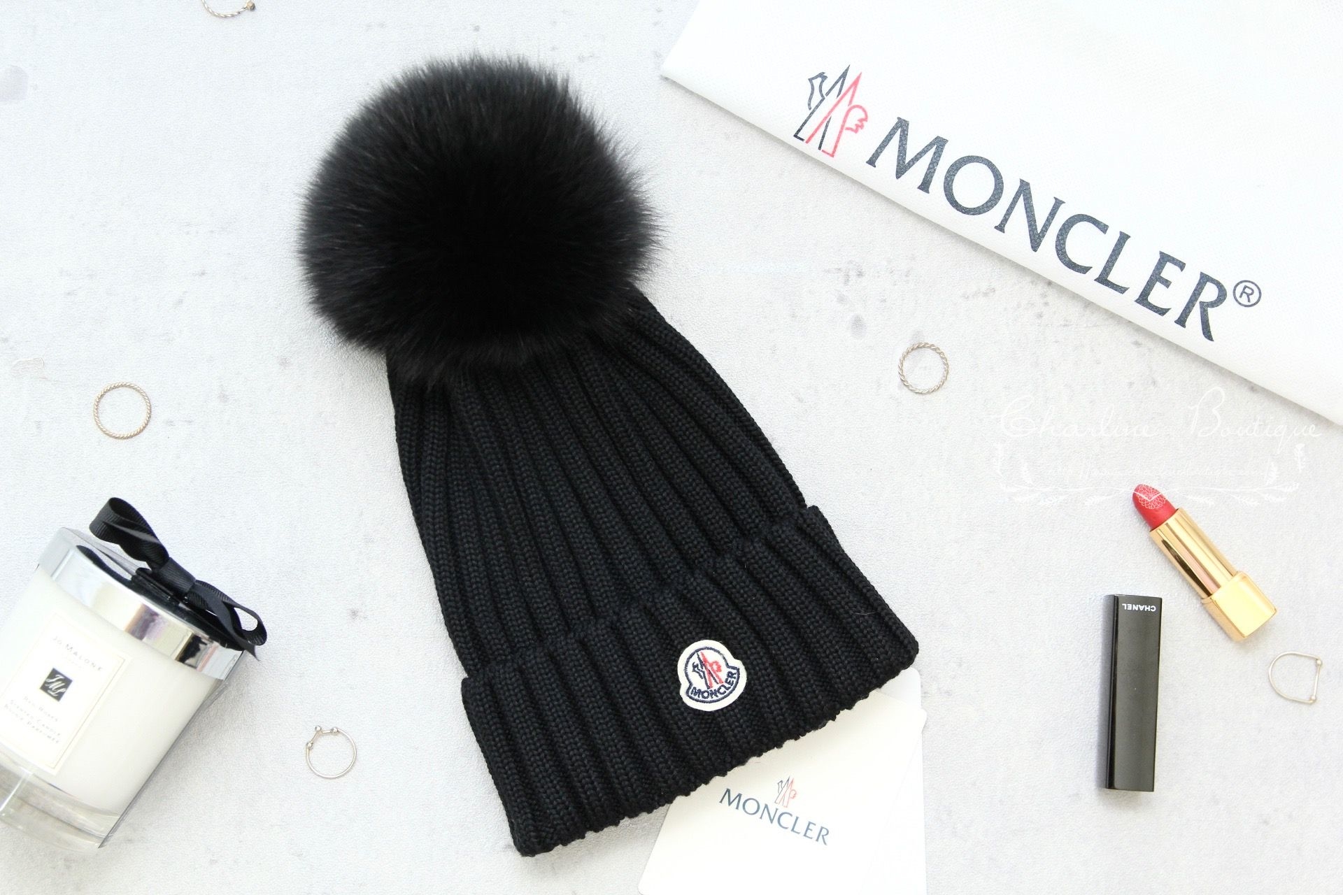 Moncler Hat 黑色毛球刺繡Logo羊毛針織毛帽