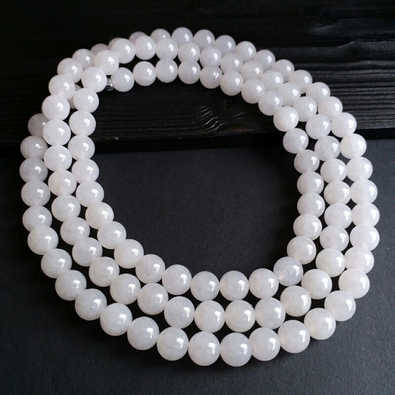 J721 冰種白翡翠玉珠項鍊 (9mm直徑)