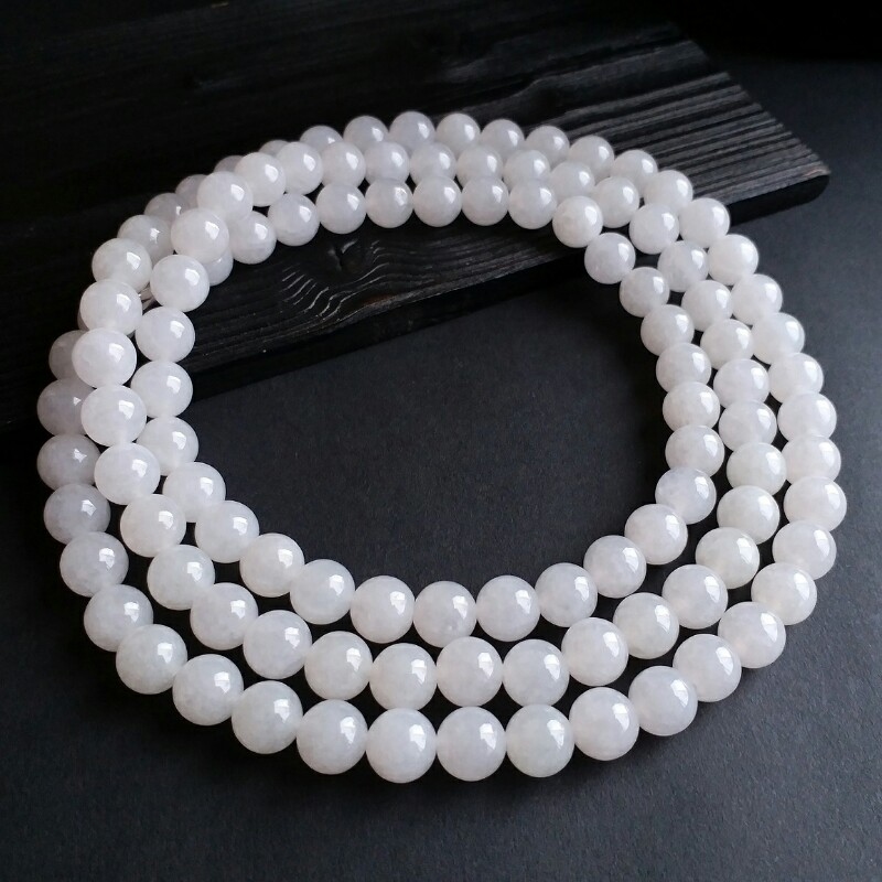 冰種白翡翠玉珠項鍊 (9mm直徑), 天然翡翠A玉, 緬甸玉, Jade, Jadeite