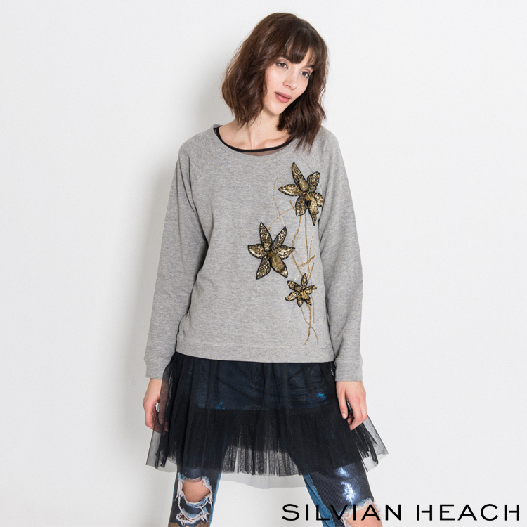 【SILVIAN HEACH】兩件式縫珠花卉長袖T恤內搭背心蓬蓬洋裝