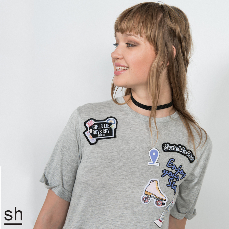 【SH】徽章拼貼長版短袖T恤