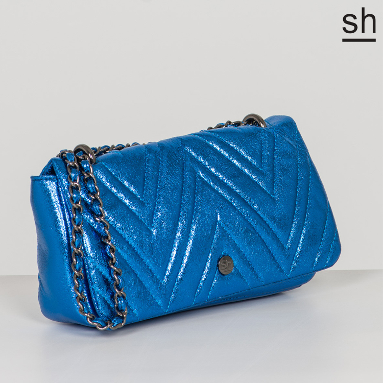 【SH】金屬腊光長方鍊包(三用 背帶可變化)-藍色