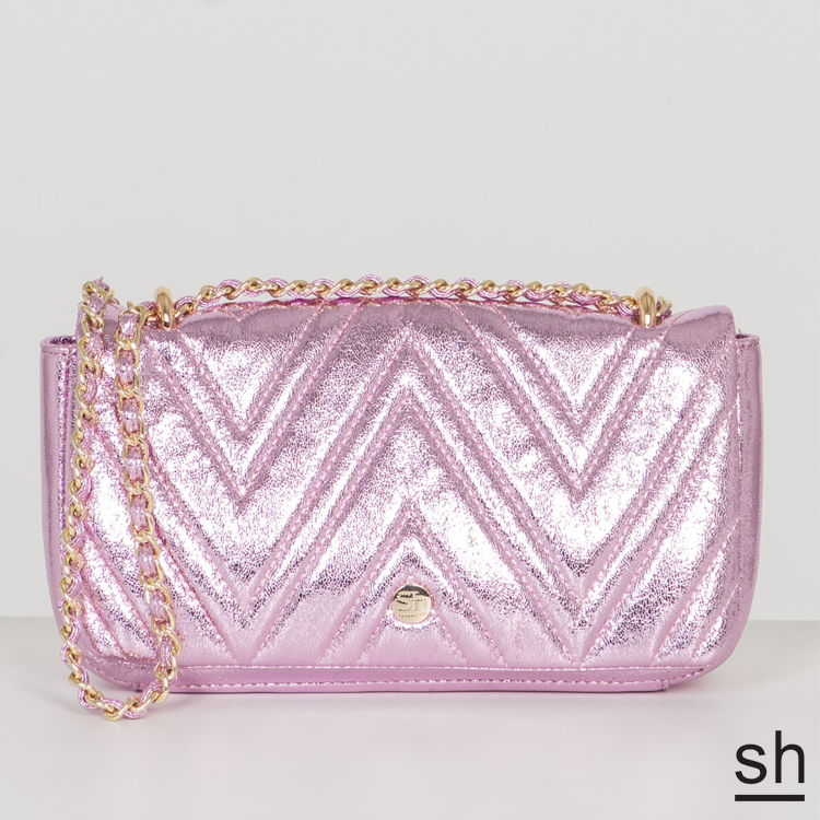 【SH】金屬腊光長方鍊包(三用 背帶可變化)-粉色