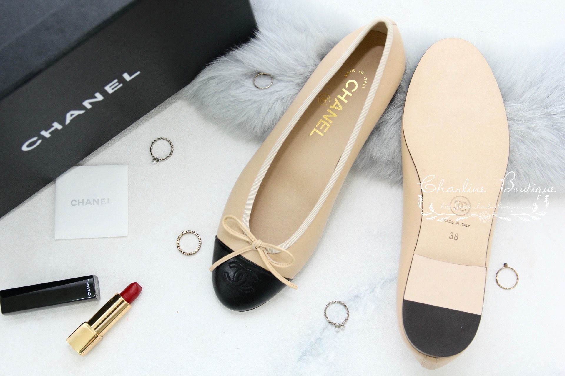 Chanel Ballet Flats 駝/黑色蝴蝶結娃娃鞋-Charline Boutique 精品代購