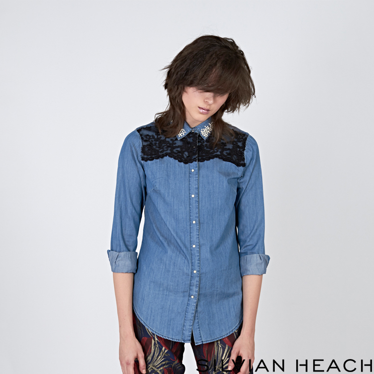 【SILVIAN HEACH】蕾絲珍珠牛仔襯衫