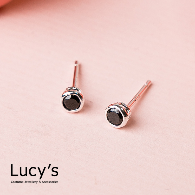 925純銀 黑夜閃爍圓形耳環 - 0.4cm(23198)