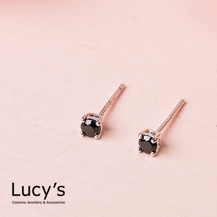 925純銀 黑夜基本款單鑽耳環 - 0.3 cm(23201)